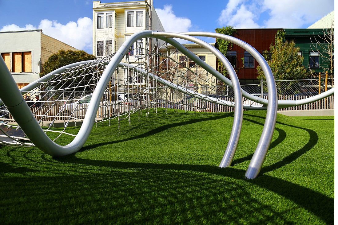 Sculptural and playful rope climbing frame in play area at South Park, San Francisco Sculptural and playful rope climbing frame in play area at South Park, San Francisco