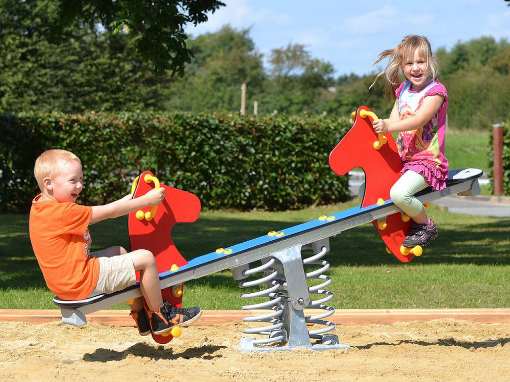Two children playing on seahorse themed spring seesaw