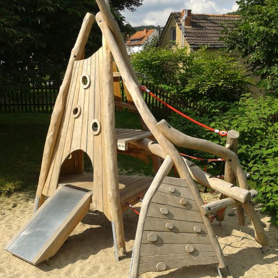 Small two tier climbing structure with slide and ramp