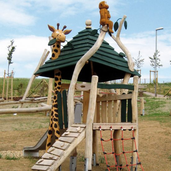 Giraffe themed playhouse with climbing ramp and access net