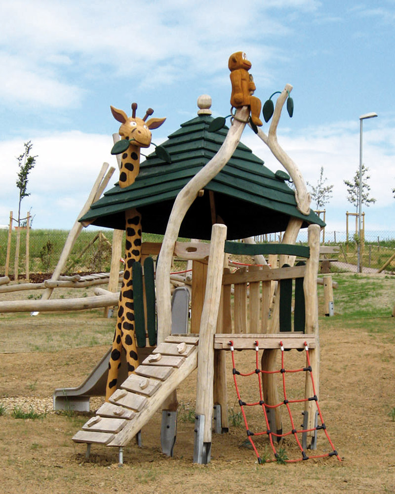 Giraffe themed playhouse with climbing ramp and access net