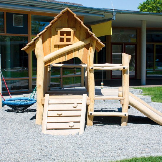 Raised playhouse with basket swing and ramp