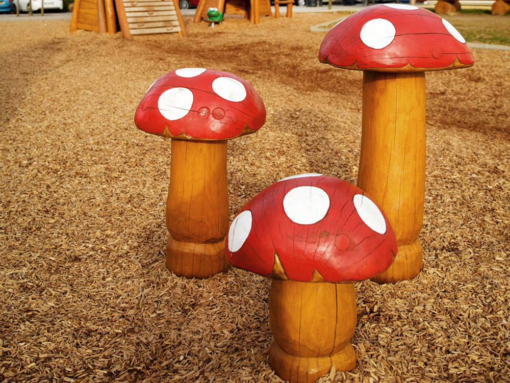 Carved mushroom sculptures in bark pit